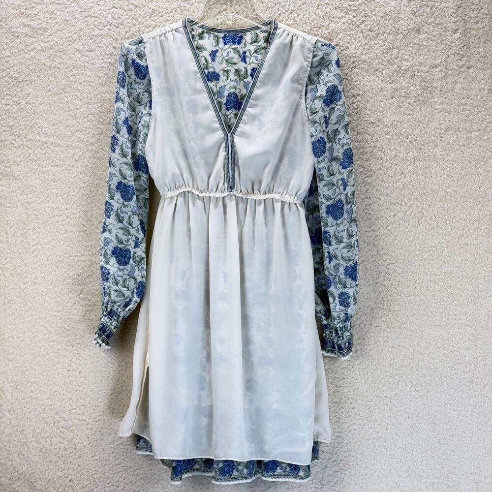 Max Studio Floral Print Mini Dress Size S Smoked Waist V-Neck Long Sleeve Boho - Picture 3 of 13